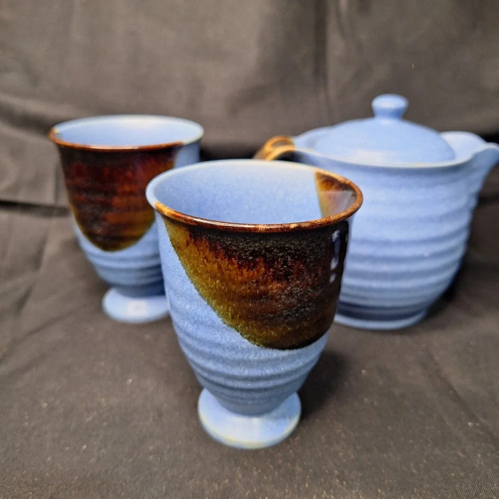 Andrea by Sadek Chopsticks Blue Ceramic Tea Set Teapot 4 Cups‎ Made in Japan